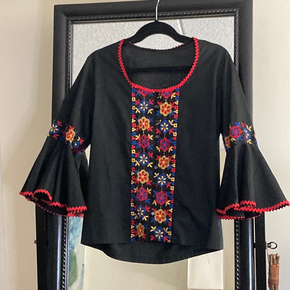1970’s vintage black embroidered blouse with red, blue, & yellow floral design